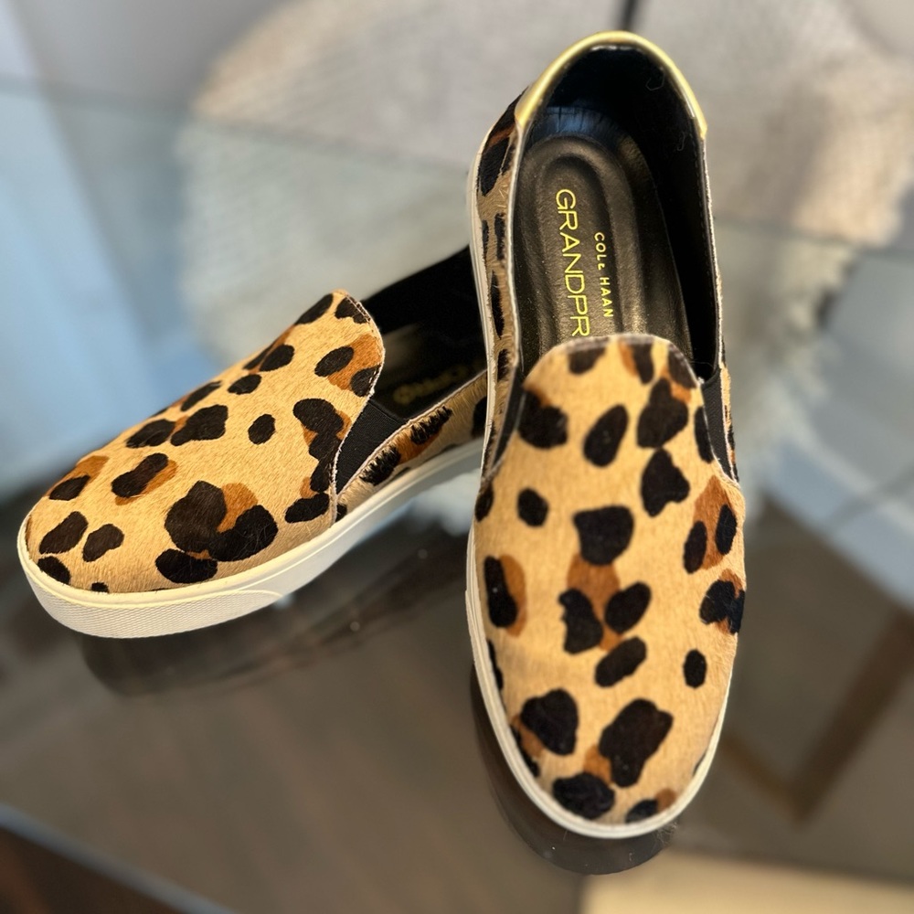 Cole Haan Grandpro leopard print calf hair slip on sneakers size 6, like new